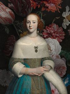 Mädchen mit Straußenfeder auf Blumenhintergrund