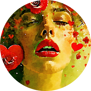 Portret van een vrouw met rozen en harten