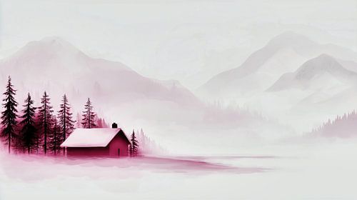 Gezellige hut in een roze berglandschap