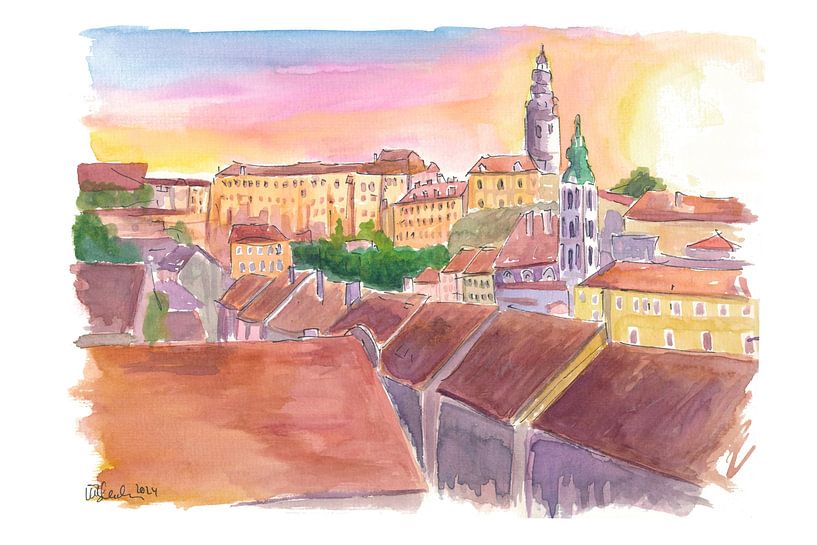 Golden sunset over the rooftops of Český Krumlov's historic old town centre by Markus Bleichner
