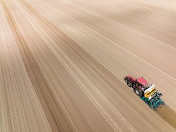Traktor beim Einpflanzen von Kartoffelsetzlingen in den Boden im Frühjahr