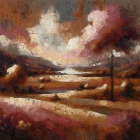 Dreamscape - Landschap in het gouden uur met boom in bloesem, bergen, water en wolken in rosé, oker, roze, terracotta, aubergine en warm grijs van MadameRuiz