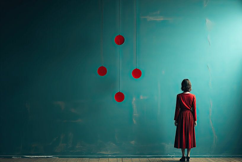 The Woman in the Red Dress and the Floating Balls by Frank Heinz