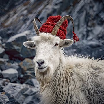 Le bonnet rouge et la chèvre de montagne, un portrait sur Vlindertuin Art