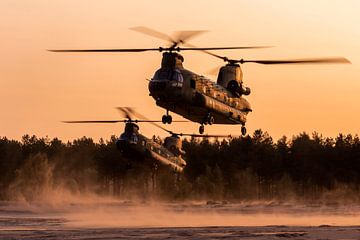 Twee Chinook transporthelikopters aan het werk tijdens zonsondergang van Jimmy van Drunen