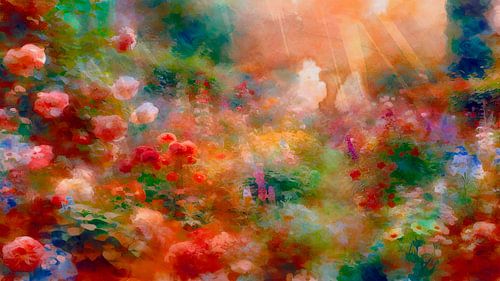 Antieke rozentuin fantasie bij zonsondergang