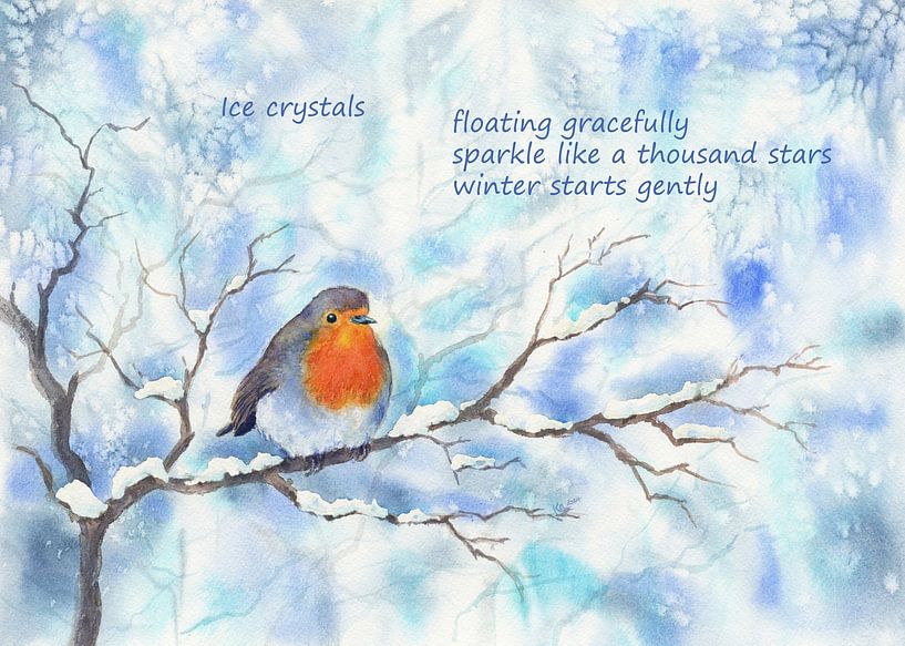 Robin in a winter landscape Haiku Ice Crystals by Karen Kaspar