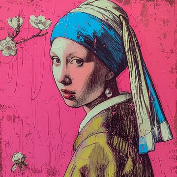 Modern meisje met parel met bloesem van Vlindertuin Art