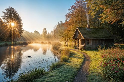 Hut aan meer met mist en herfstbomen bij zonsopgang