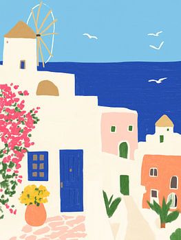 Illustratie van volkskunst uit een kustdorp op Santorini