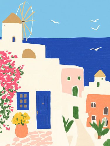 Illustration zur Volkskunst eines Küstendorfes auf Santorin