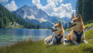 Akita honden en gebergte in het gras artistiek panorama van TheXclusive Art