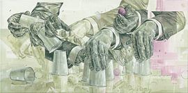 Peinture représentant le jeu de bonneteau « coupes et boules » sur Galerie Hoppenbrouwers