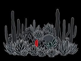 Karmesinrote Blüte in der Wüstennacht: Monochromatischer Kaktusgarten mit auffallend rotem Herz von Artistic