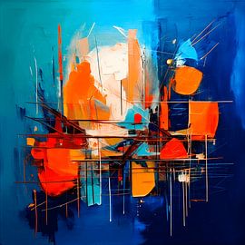 Peinture abstraite moderne dans des tons de bleu et d'orange vif sur Studio Pieternel