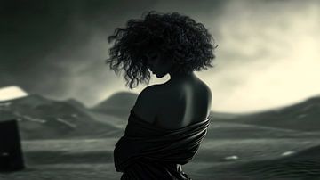 Vrouw in het zwart in een melancholisch landschap van Frank Heinz