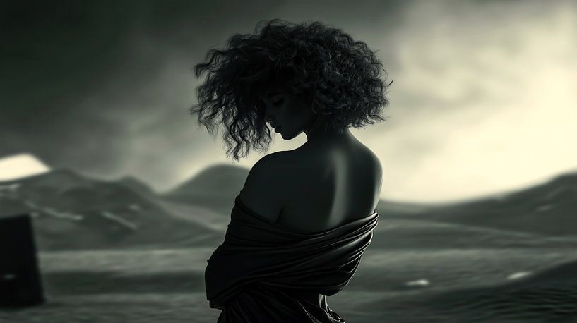 Vrouw in het zwart in een melancholisch landschap van Frank Heinz