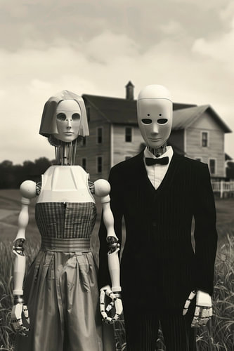 Pair of robots in front of a rural backdrop