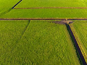 Ditch through green meadows seen from above