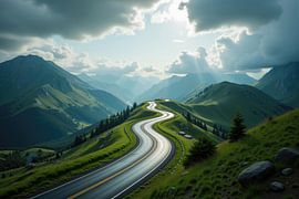 Route de montagne sinueuse menant à la lumière du soleil à travers une vallée verdoyante sur Markus Gann