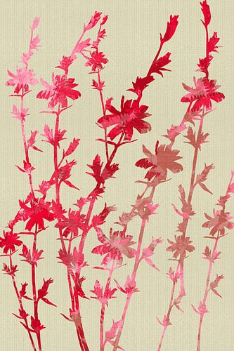 Zomerbloemen in neonroze en licht terra op crèmekleurig linnen