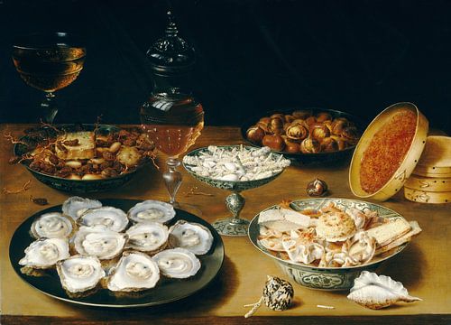 Stilleven met oesters, fruit en wijn,  Osias Beert - ca. 1620