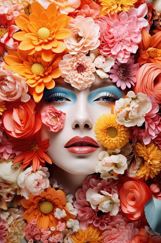Very beautiful woman covered in tropical flowers in hi fashion style