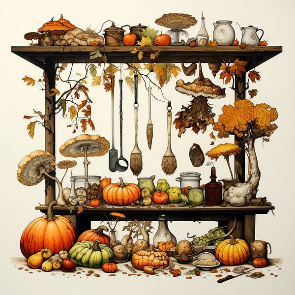 Herbst Stillleben Regal Pilze Kannen Gläser gelbe Blätter melancholisch von gm_designs