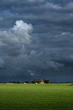 Avondlicht en een donkere lucht over het Friese landschap nabij Lollum van Harrie Muis