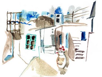 Grieks dorpje geschilderd met waterverf van Atelier BIS