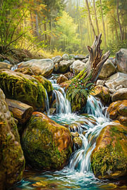 Idyllic forest stream bathed in sunlight – a babbling waterfall in a mossy forest (classical oil painting)