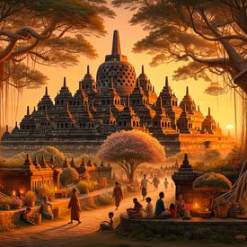 Borobudur Tempel bij zonsondergang van Jeroen Kleiberg