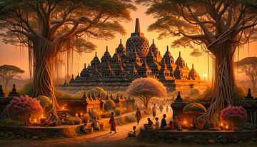 Borobudur Tempel bij zonsondergang van Jeroen Kleiberg