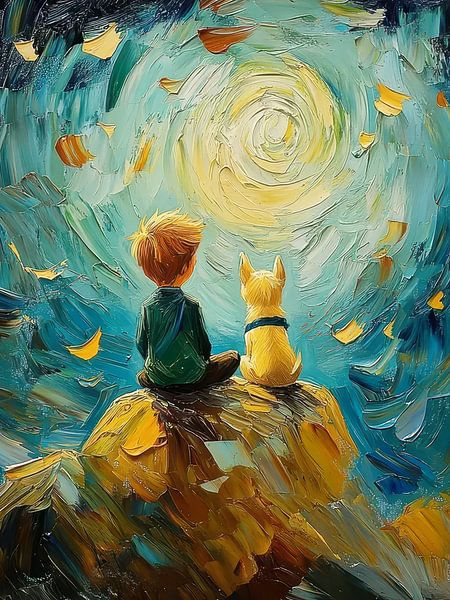 Jongen en hond in het maanlicht Stijl Vincent van Gogh van TOAN TRAN