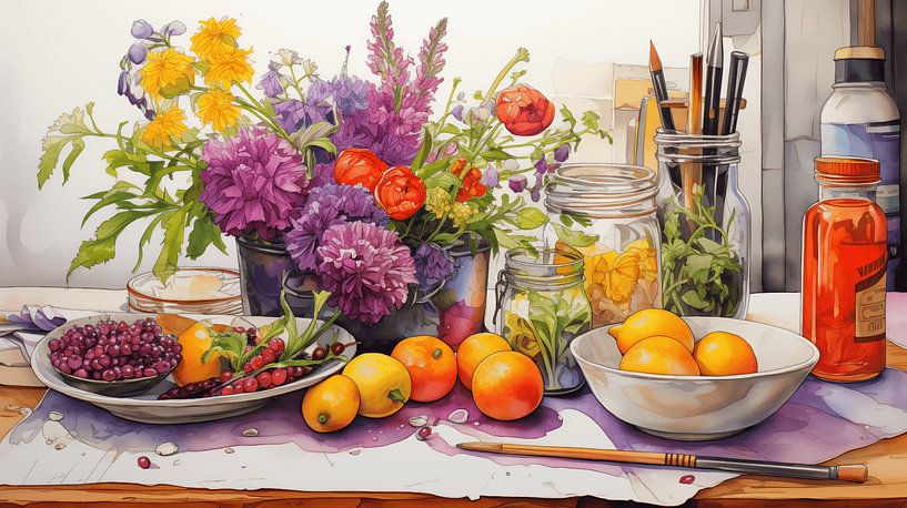 Stillleben mit Blumen und Früchten im Küchen-Ölfarben-Kunst Design von Animaflora PicsStock