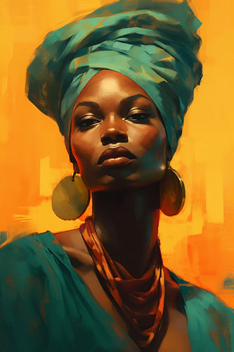 African woman wearing a turban and gold earrings