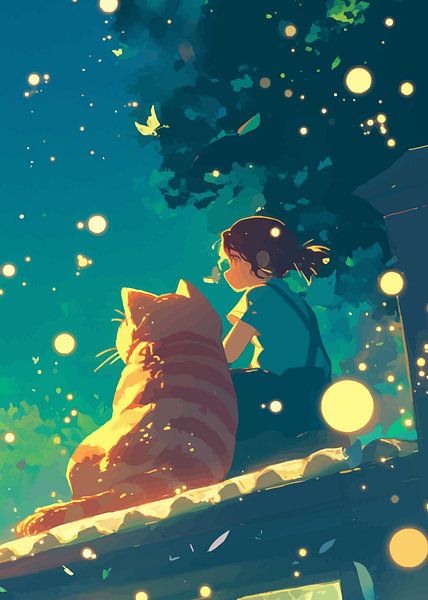 Orangefarbene Katze und Mädchen schauen in den Himmel von MIROKKU