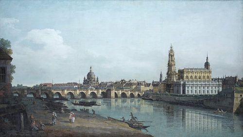 Dresden gezien vanaf de rechteroever van de Elbe, onder de Augustusbrug, Canaletto