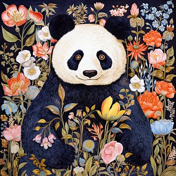 Panda bear with summer flowers by Vlindertuin Art