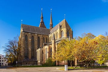 Gezicht op de Mariakerk in de Hanzestad Rostock in de herfst