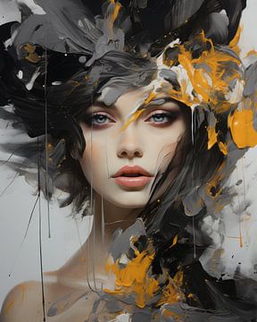 Portrait abstrait moderne en noir et jaune sur Carla Van Iersel