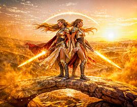 Das Sternzeichen Zwillinge mit zwei Kriegerinnen und leuchtenden Schwertern von Havelmomente