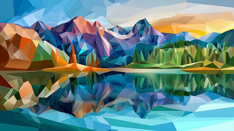 Landschaft mit Spiegelung in kubistischen Formen von Schwarzer Kaffee