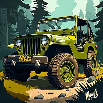 Green jeep in the forest by Harvey Hicks