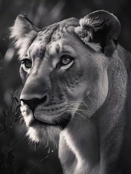 Löwin im Fokus, schwarz weiß