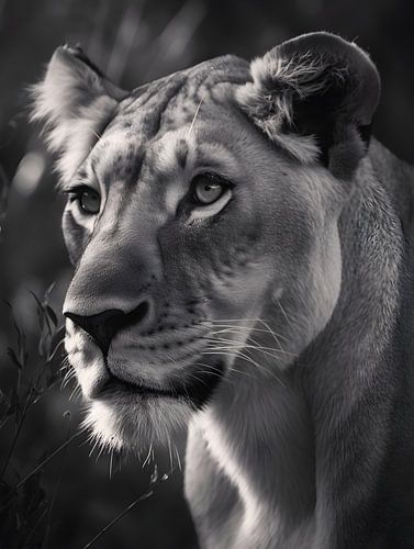 Lioness in focus, black and white