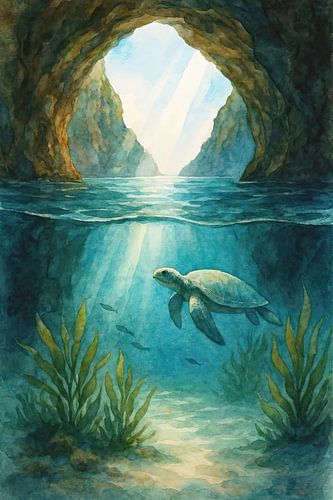 Zeeschildpad onder water in verborgen grot (AI) (duiken, duiktrip, Egypte, Sharm el Sheikh, natuur, dieren, sprookjesachtig)