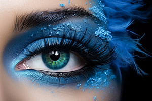 Mascara-Färbung der Wimpern, Mascara-Pinsel, Make-up für blaue Augen, Modehintergrund