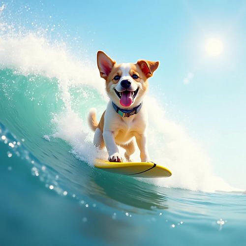 A cute little surfing dog