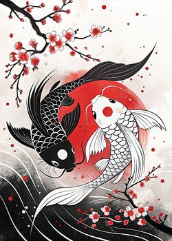 Yin Yang Koi Fish with Cherry Tree Blossoms Japanese Art
